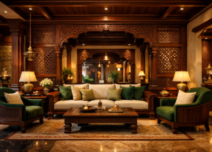 Modern living room interior with neutral tones, sleek furniture, and elegant décor design.